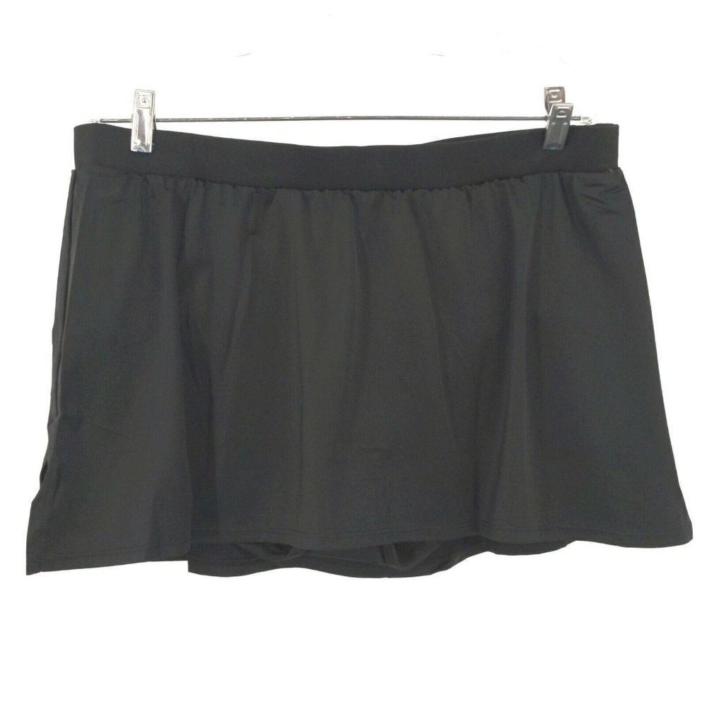 Cacique Swim Skirt Skort Womens 16 Black Slitted Attached Briefs Swim Bottom New